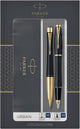 Parker urban duo geschenkset met balpen en vulpen | zacht zwart met gouden trim | blauwe inkt | geschenkverpakking