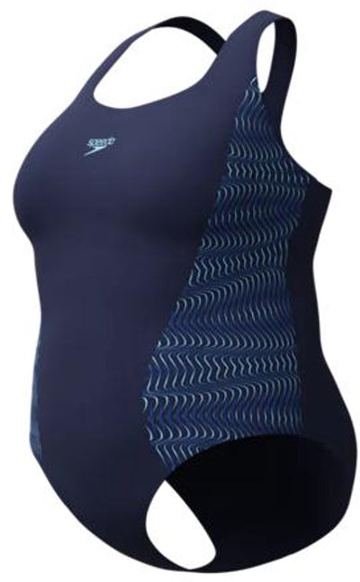 Speedo plus size placement medalist 1 piece dames sportbadpak - badpak dames grote maten - vormvast zwempak dames - sportbadpak dames met medalist-rug - marine blauw - 50