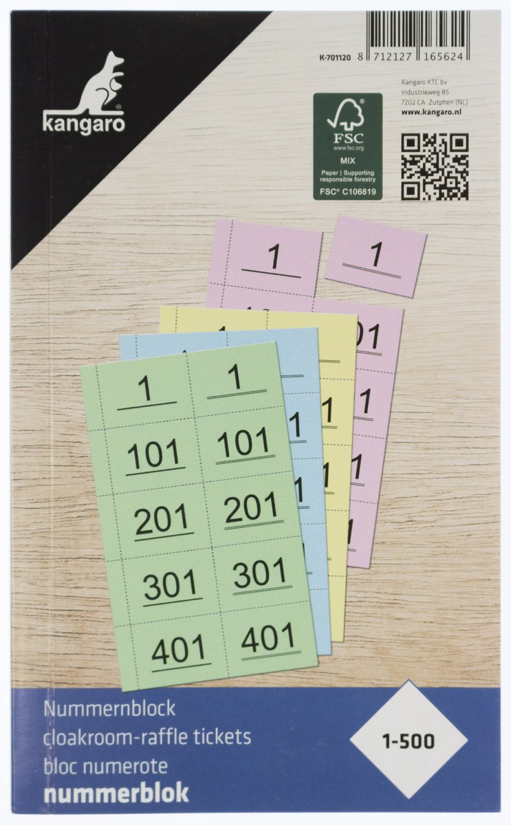 Kangaro nummerblok - 120x200mm - 70 grams - nummers 1-500 - 4 blokken - assorti kleuren - k-701120