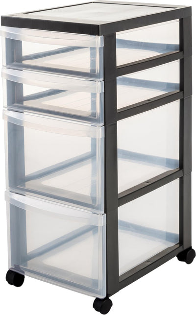 Iris design chest ladesysteem - 4 lades - 2 x 7.5 l - 2 x 15 l - kunststof - zwart transparant - met wieltjes