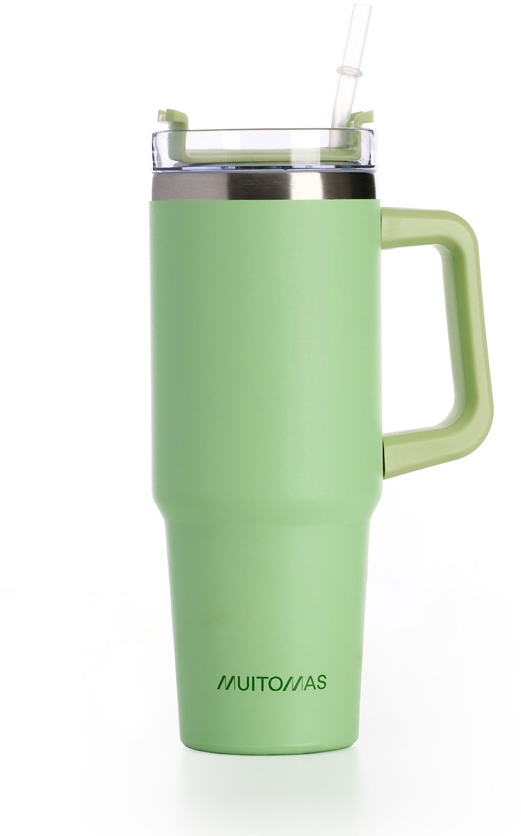 Muitomas reismok - travel mug - dubbele geïsoleerde wand - praktisch rietje handvat - 900ml - groen