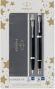 Parker im duo geschenkset met balpen en vulpen | glanzend zwart met chromen afwerking | inktnavulling en inktpatroon met blauwe inkt | cadeauverpakking