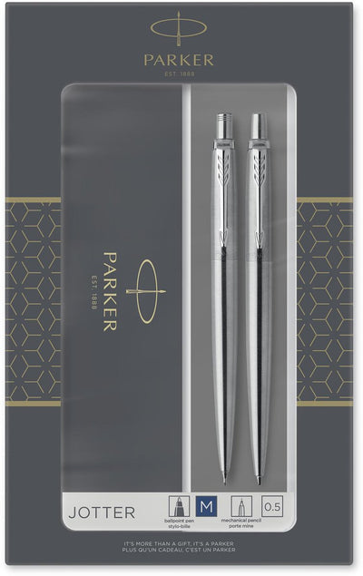 Parker jotter duo geschenkset balpen en vulpotlood (0.5mm) - blauwe inkt - roestvrij staal met chromen afwerking