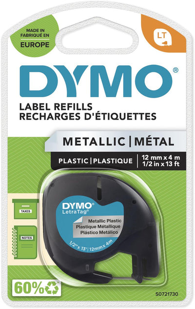 Dymo originele letratag metallic labels | zwarte afdrukken op metallic zilver etiketten | 12 mm x 4 mm | zelfklevende multifunctionele labels voor letratag labelprinters