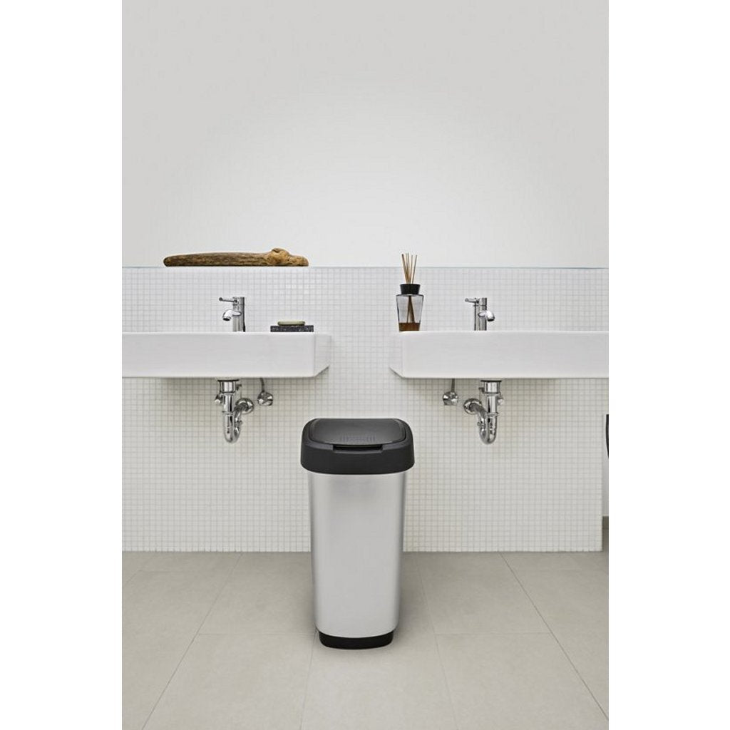 Rotho twist afvalbak met swingdesksel 25l - zilver metallic - bpa-vrij - incl 6 sticker voor diverse afvalstromen