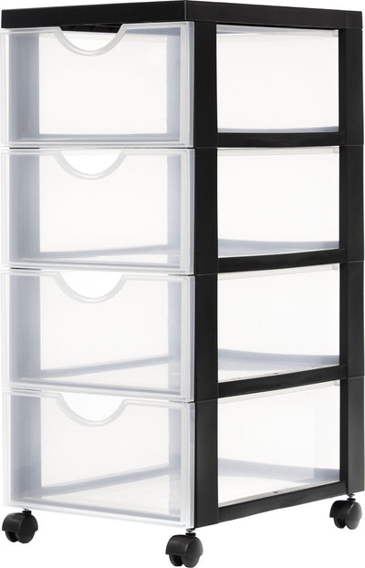 Iris easygrip chest ladekast - 4 lades x 11,25l - kunststof - zwart transparant - met wieltjes