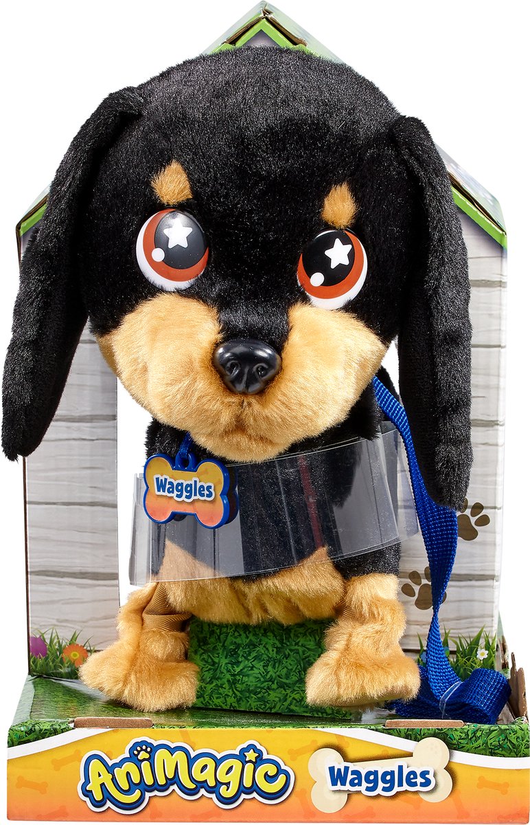 Goliath animagic waggles knuffel hond - zwart - interactieve knuffel - wandel en communiceer met waggles