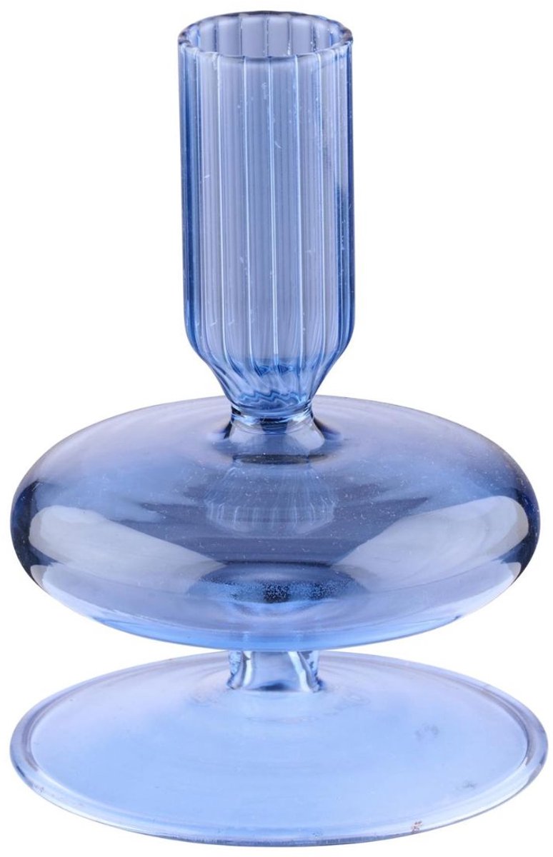 Arti casa kandelaar voor dinerkaars - glazen kaarsenhouder met geribbelde houder - ø8 x 11 cm - blauw