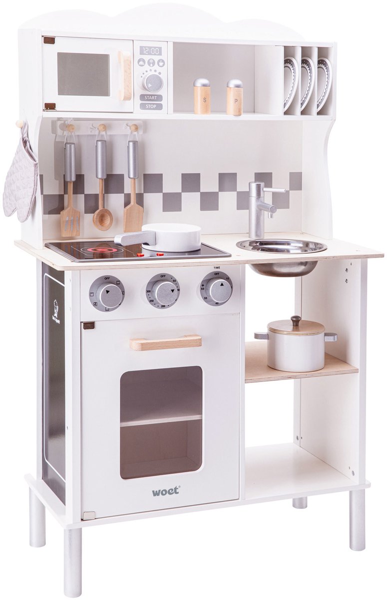 Woet ® houten speelgoed kinderkeuken - speelkeukentje met kookplaat met licht en geluid - speelkeuken wit met diverse accessoires - werkbladhoogte 55 cm - rollenspel - vanaf 3 jaar