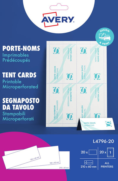 Merkloos sans marque avery bedrukbare naamkaarten 20 blad 20 stuks (formaat 210 x 60 mm)