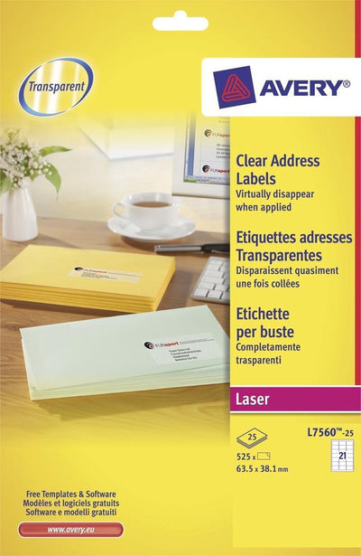 Avery transparante etiketten quickpeel formaat 635 x 381 mm (b x h) 525 stuks 21 per blad