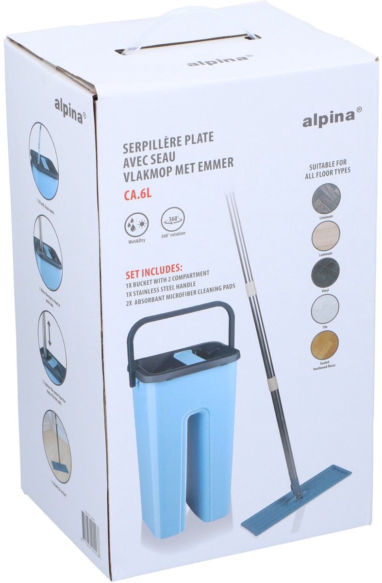 Alpina dweilsysteem met emmer - dweil incl. 2 microvezeldoeken - voor harde vloeren - 360° draaibaar