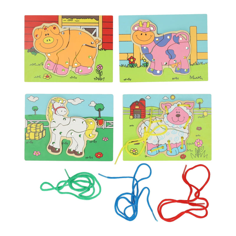 Houten rijgpuzzel boerderij, set van 4