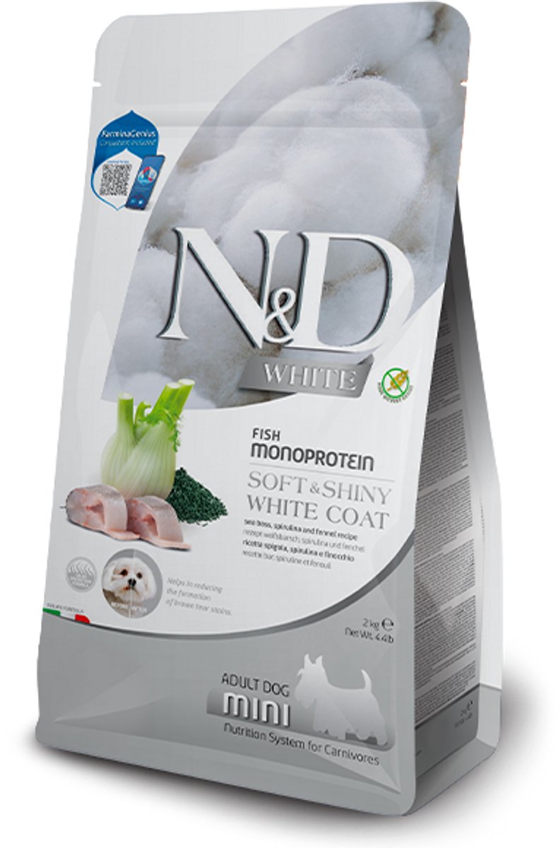 Farmina n d spirulina adult mini - hondenfvoer - zeebaars, spirulina venkel - voor witte honden - 2 kg