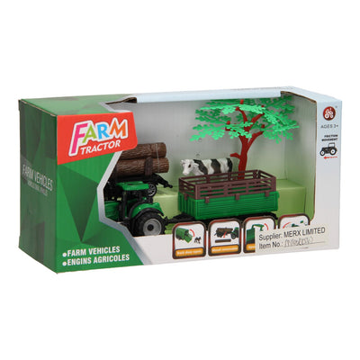 Tractor met aanhangwagen, boomstammen en koe