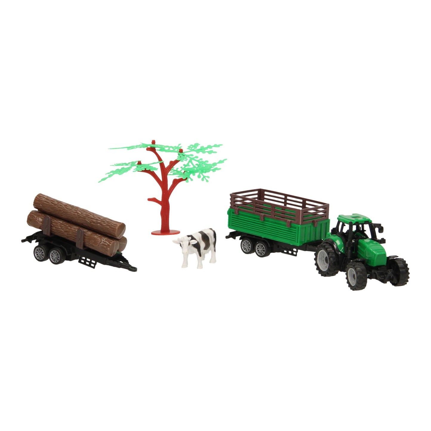 Lobbes tractor met aanhangwagen, boomstammen en koe