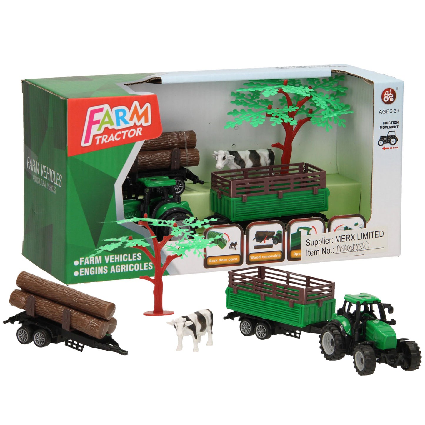 Lobbes tractor met aanhangwagen, boomstammen en koe