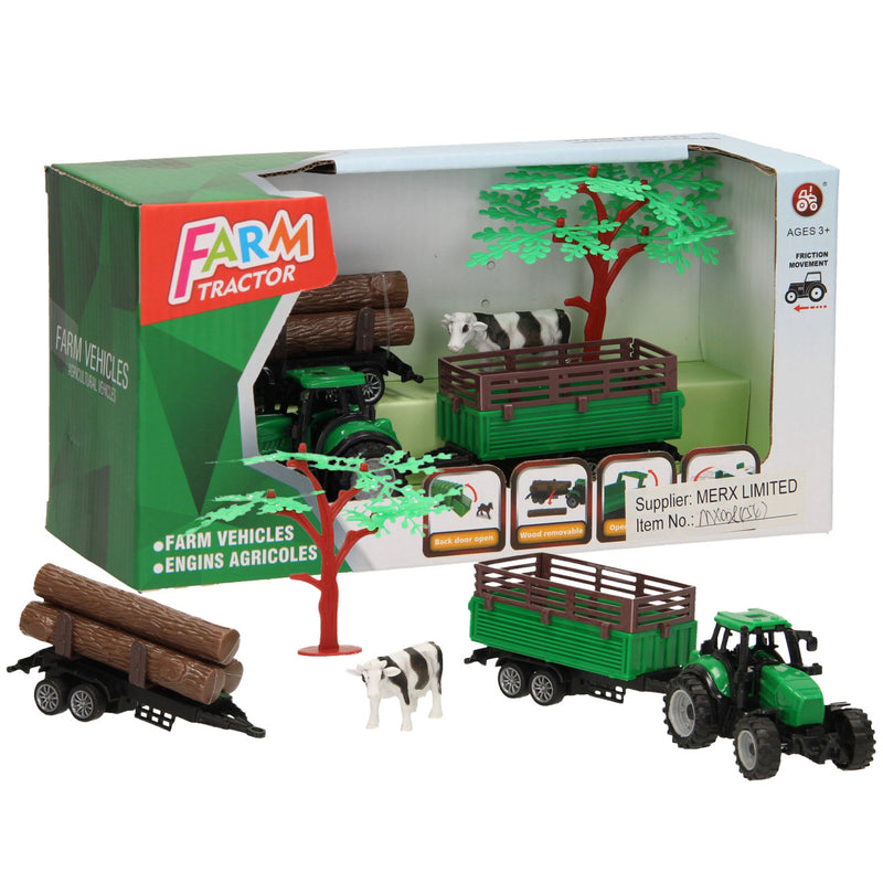 Lobbes tractor met aanhangwagen, boomstammen en koe
