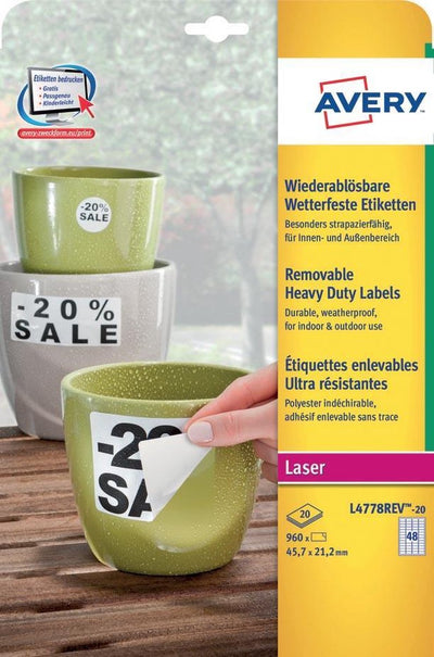 Avery afneembare weerbestendige etiketten formaat 457 x 212 mm (b x h) wit doos van 960 etiketten