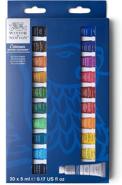 Winsor newton 0390665 cotman aquarelverf set – beginners set 20 x 5 ml – essentiële waterverfkleuren met hoge kwaliteit pigmenten
