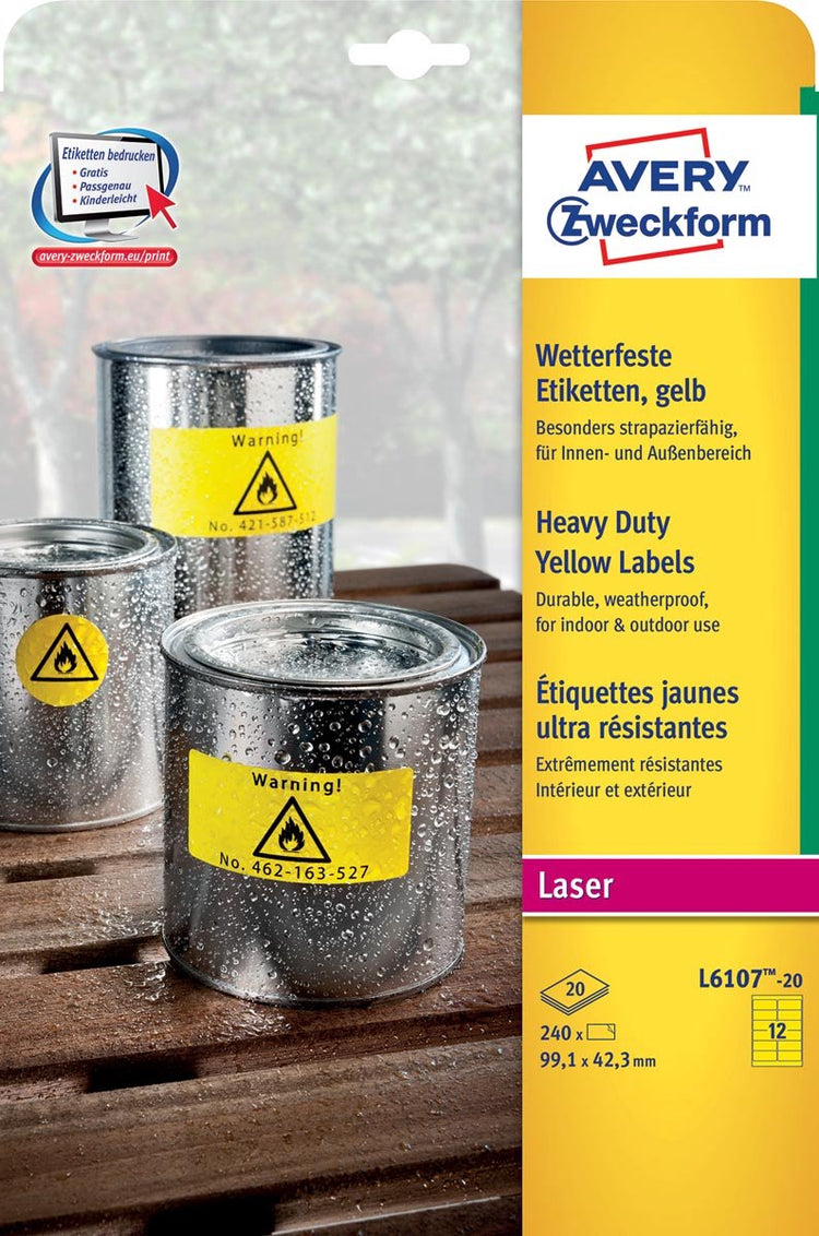 Laseretiket avery 99 - 1x42 - 3mm geel 20 vel 12 etiketten per vel