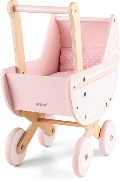 Woet ® houten poppenwagen - inclusief dekbedje - roze speelgoed kinderwagen - duwhoogte 50cm - rollenspel poppenaccessoire - vanaf 3 jaar
