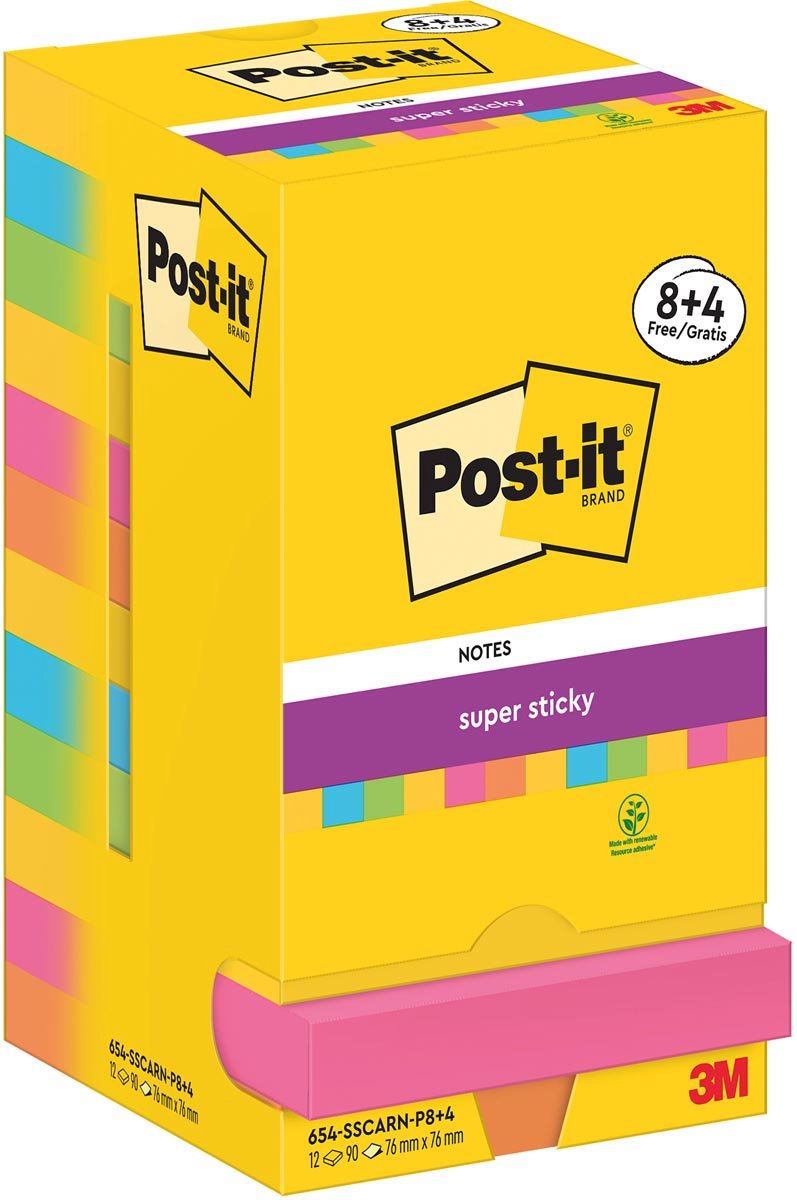 Post-it super sticky notes carnival | 90 vel | ft 76 x 76 mm | 8 + 4 gratis