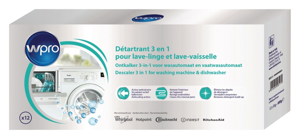 Wpro anti-kalk en ontvetter in een 12 stuks wasmachine vaatwasmachine