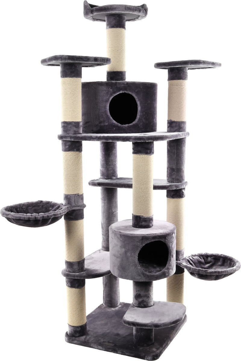 Flamingo krabpaal giganto grijs wit – 207 cm hoog – xxl kattenkrabpaal met 2 huisjes, 7 plateaus hangmatten – first class selection