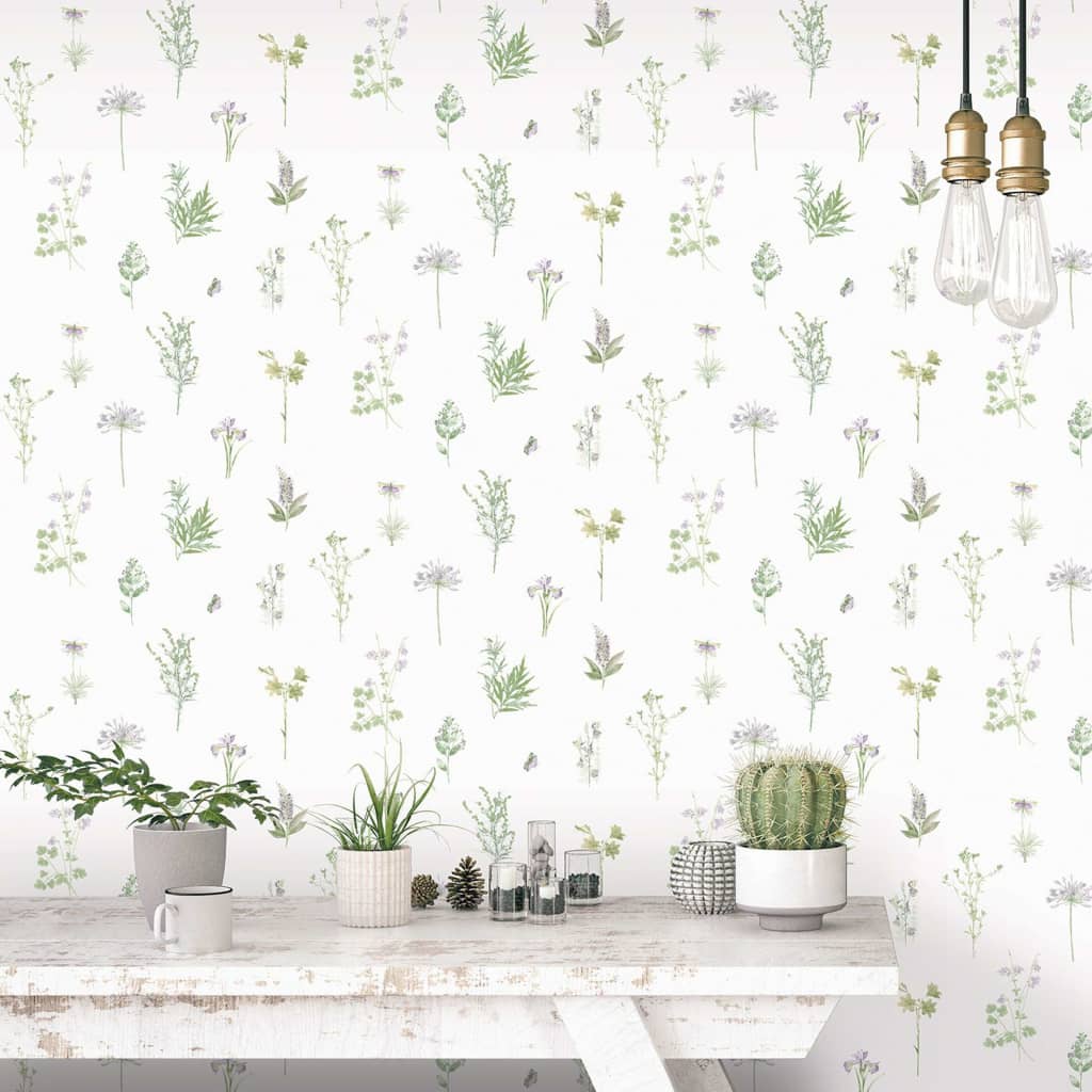 Noordwand behang evergreen herbs and flowers wit