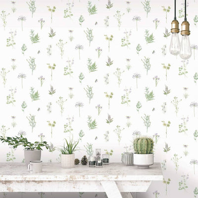 Noordwand behang evergreen herbs and flowers wit