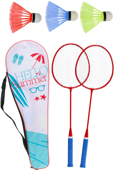 Eddy toys badminton set 5-delig - 2 badmintonrackets, 3 shuttles en draagtas - gemaakt van kunststof en ijzer - inclusief hoes - geschikt voor kinderen en volwassenen - blauw rood