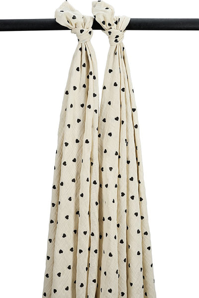 Meyco baby sweet heart swaddle - 2-pack - pre-washed hydrofiel - soft sand black - 120x120cm