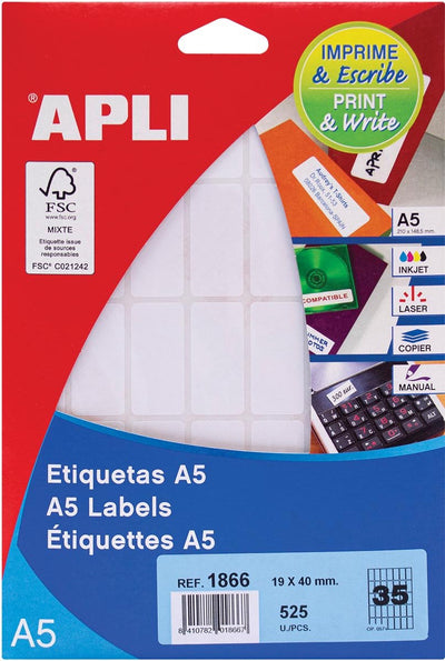 Apli witte etiketten print write ft 19 x 40 mm (b x h), 525 stuks, 35 per blad (1866)