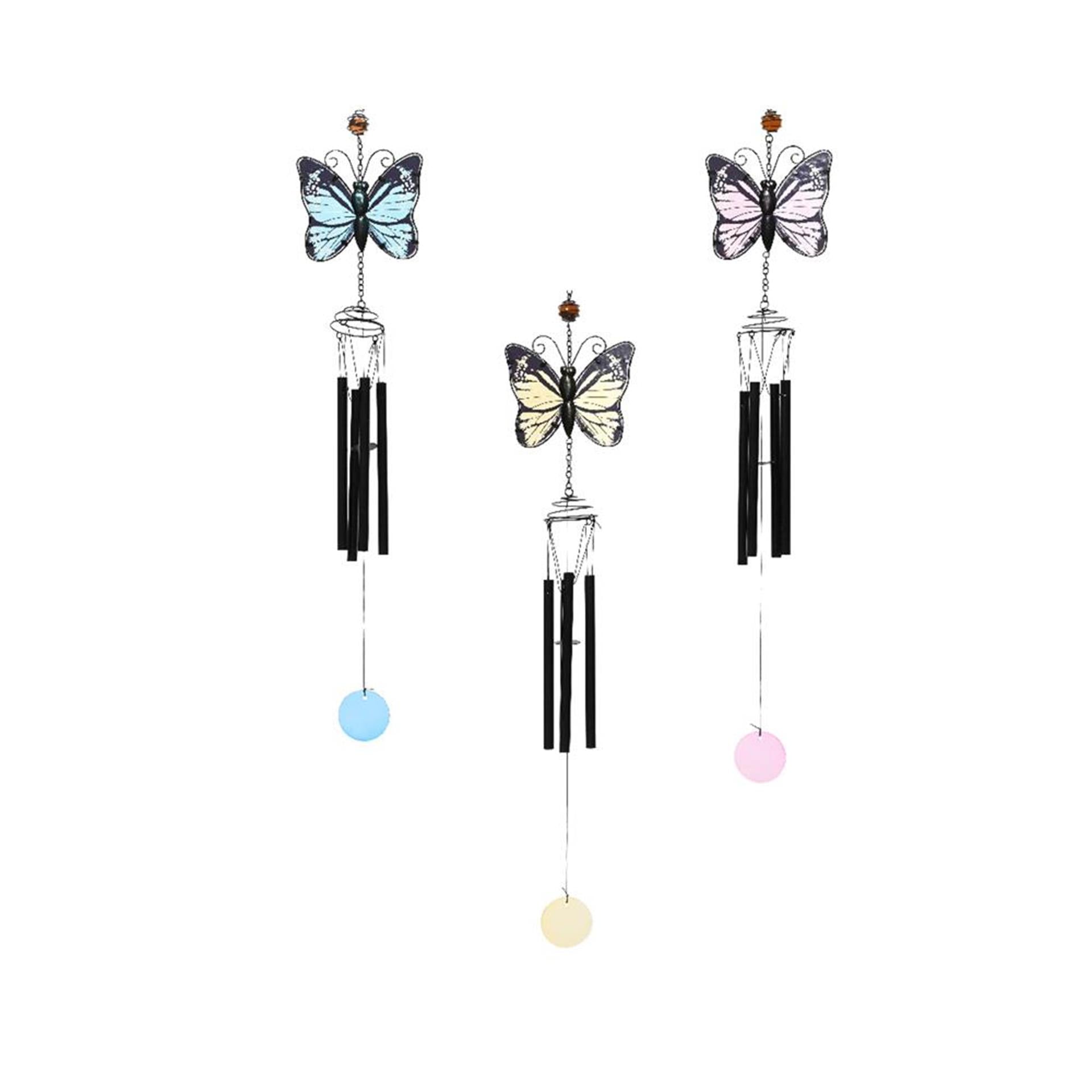 Decoris windgong vlinder glas en ijzer 6,5x15x84cm 3 assorti