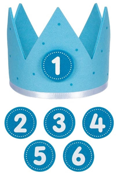 Goki verjaardagskroon blauw l59,5cm, met verwisselbare cijfers 1-6, vilt, 1+