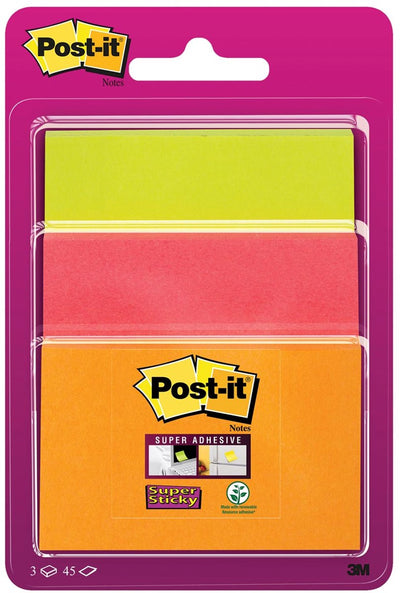 Post-it® super sticky notes, gekleurd, diverse afmetingen 1 blok: 47,6mm x 76 mm 1 blok: 76mm x 76 mm 1 blok: 76mm x 101 mm, neon oranje, neon roze, neon groen, 3 blokken