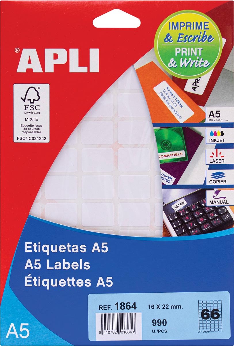 Apli witte etiketten print write ft 16 x 22 mm (b x h), 990 stuks, 66 per blad (1864)