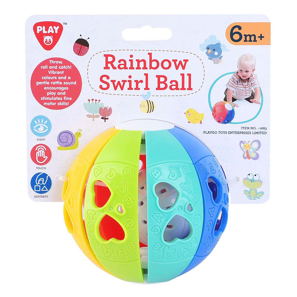 Playgo play regenboog speelbal met ratelgeluid voor baby's en peuters.