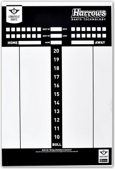 Engelhart dart scorebord pvc 45 x 30 cm – herbruikbaar whiteboard – speltypes scoreverloop – dart accessoire – longfield
