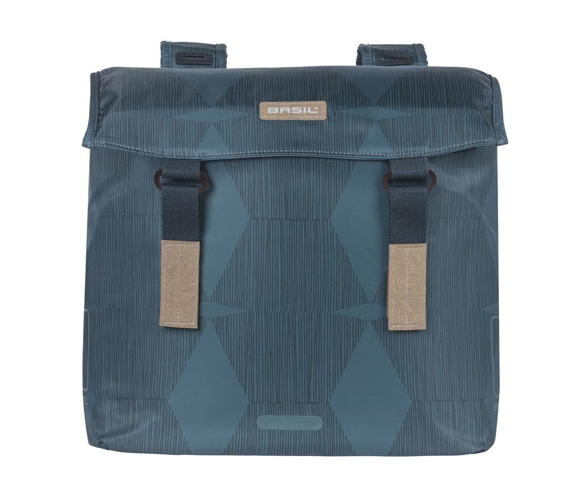 Basil Elegance dubbele fietstas, blauw, gerecycled PET, gevoerd, waterkerende sluiting, Universal Bridge, 40-49L