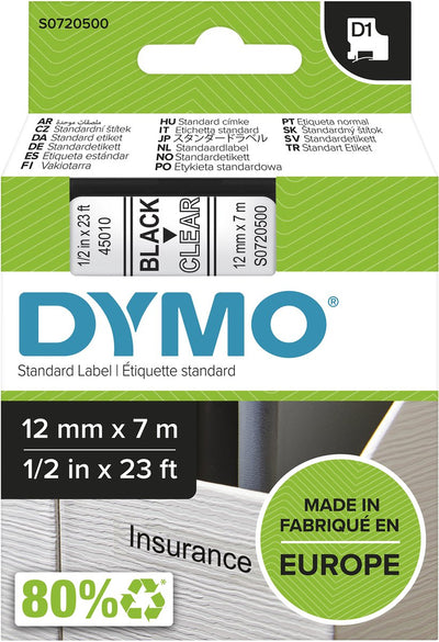 Dymo d1 - tape casette - 12 mm x 7 m - zwart transparant