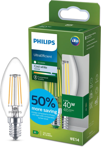 Philips led philips ultra efficient led - kogellamp - mat - 40w - e14 fitting - warmwit licht - energielabel a