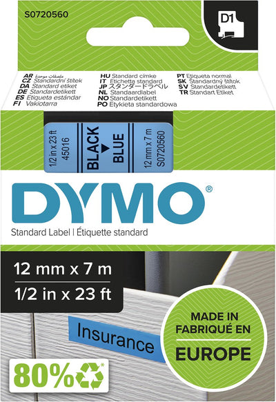 Dymo originele d1 labels | zwarte tekst op blauw label | 12 mm x 7 m | zelfklevende etiketten voor de labelmanager labelprinter | gemaakt in europa