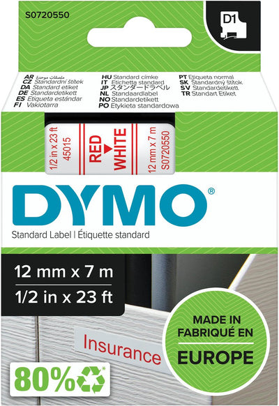 Dymo originele d1 labels | rode tekst op wit label | 12 mm x 7 m | zelfklevende etiketten voor de labelmanager labelprinter | gemaakt in europa