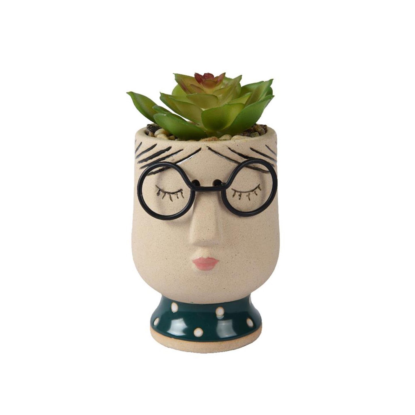 Decoris kunstplant succulent in pot met gezicht keramiek 7,8x7,2x13,5cm