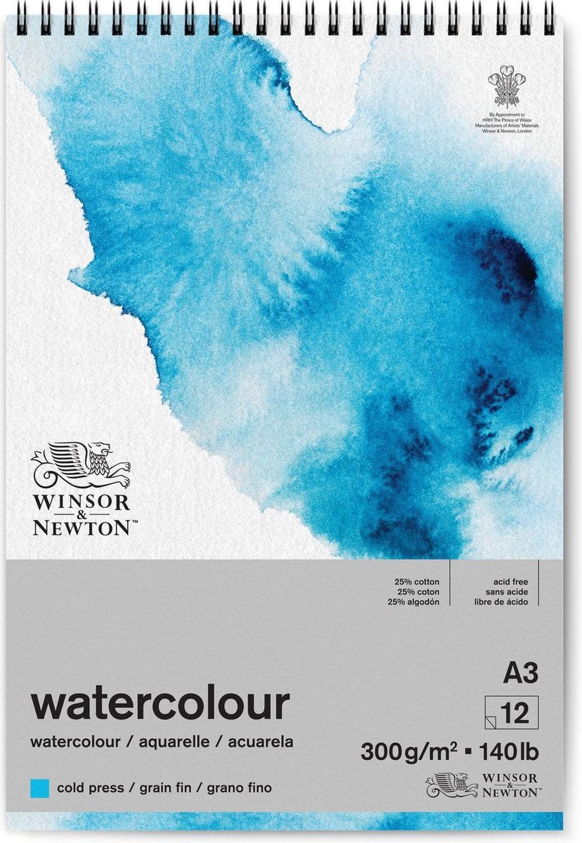 Winsor newton 6662580 classic aquarelblok spiral pad – 300 g m², 12 vellen, a3, koudgeperst, grain fin - aquarelpapier in spiraalblok a3