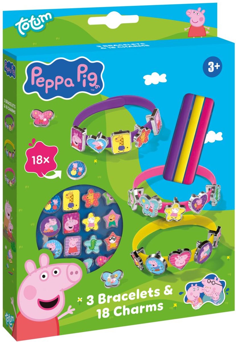 Bambolino peppa pig armbandjes maken set 3 schuif armbandjes met 18 bedels - speelgoed junior vanaf 3 jaar peuter kleuter