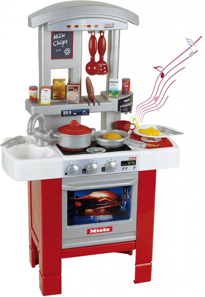 Klein toys miele starter keuken - 27x57x90 cm - oven, vaatwasser, afzuigkap, spoelbak, voedsel replica's, kook- en eetgerei - incl. geluidseffecten - rood grijs