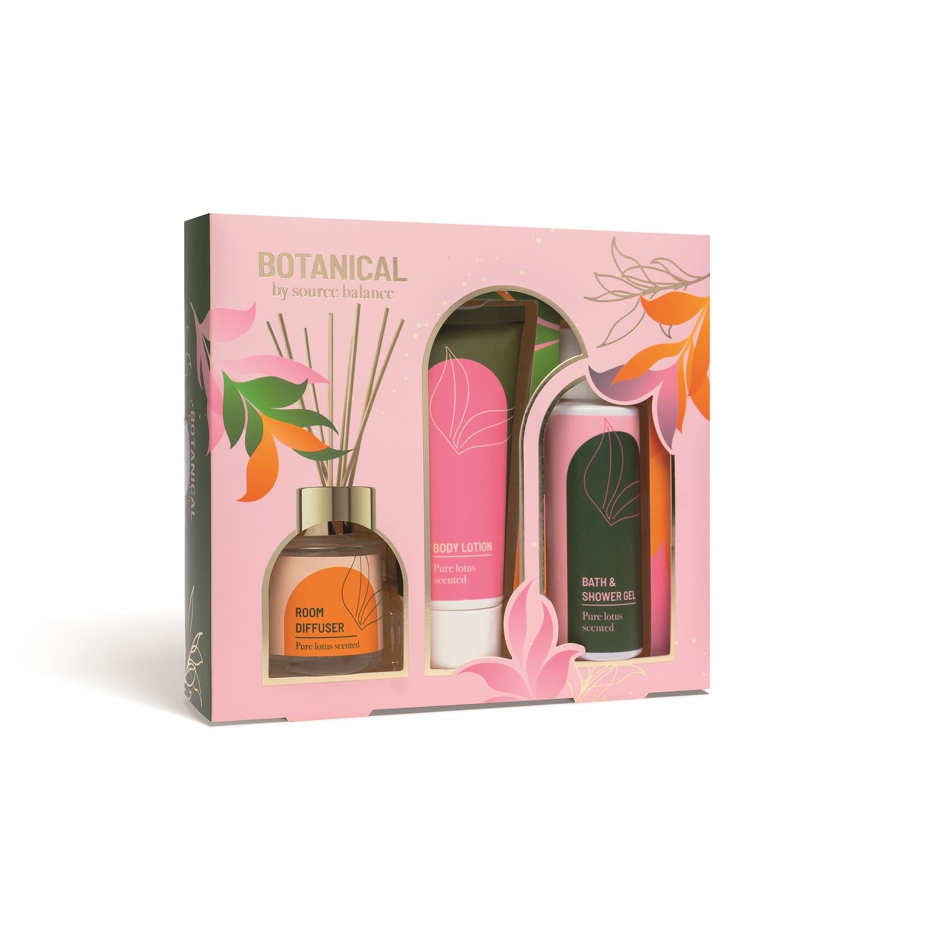 Source balance botanicals bad giftset pure lotus geurstokjes, douchegel en body lotion